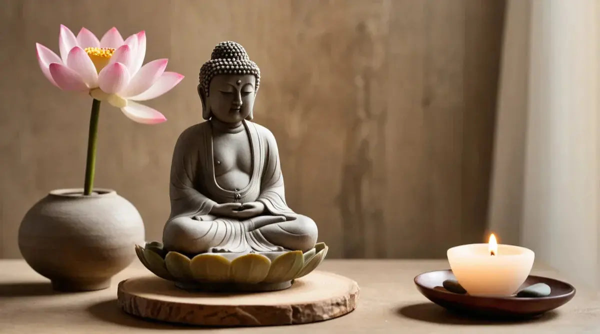 Stone Buddha statue with lotus flower and lit candle on a tabletop, symbolizing calm, balance, and spiritual wellness.
