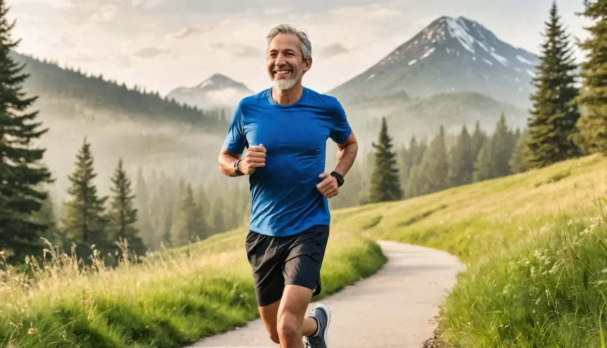 Middle-aged man jogging on a mountain trail, surrounded by trees and nature, symbolizing health and vitality.