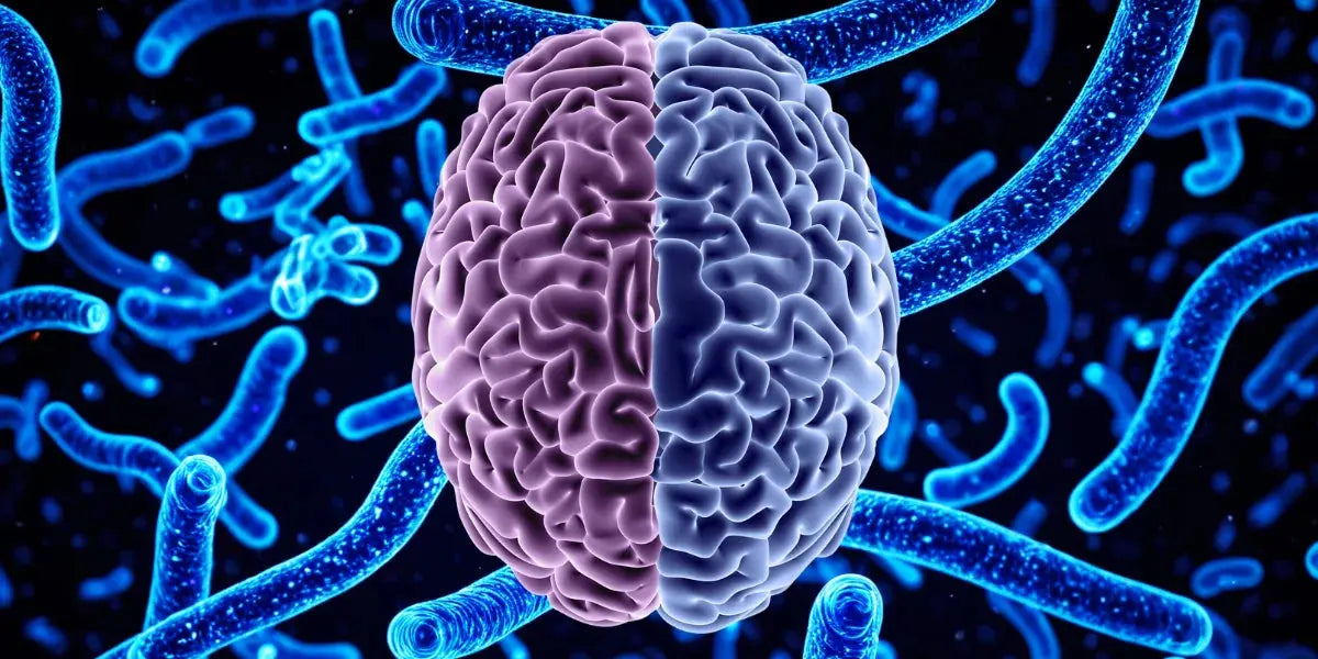 A picture of a human brain with probiotics in the background.