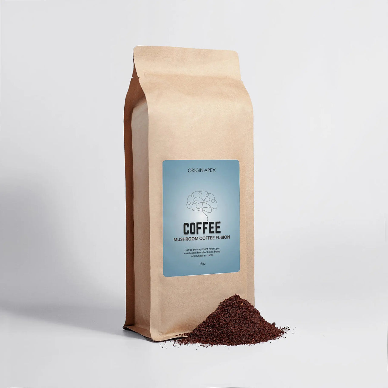 Front of Mushroom Coffee Fusion 16oz product with ground coffee displayed.