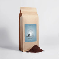 Front of Mushroom Coffee Fusion 16oz product with ground coffee displayed.