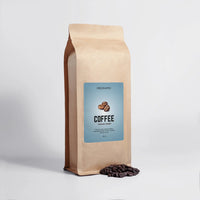 Manuka Honey Coffee 16oz – Arabica Whole Beans, Front of package and whole beans displayed.