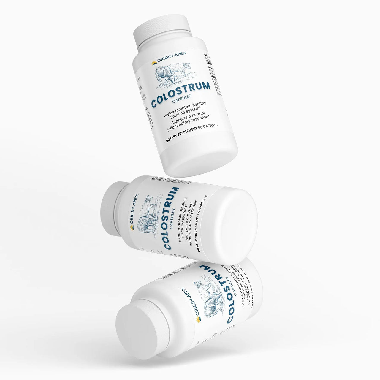 Colostrum Capsules, multiple bottles arranged artistically